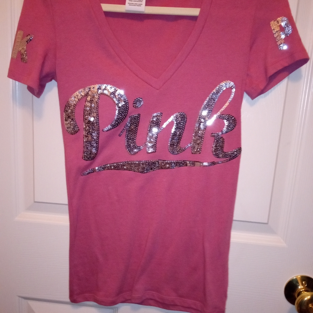 Victoria's Secret PINK Bling Deep V-Neck Short Sleeve Tee Silver Sequins Size XS